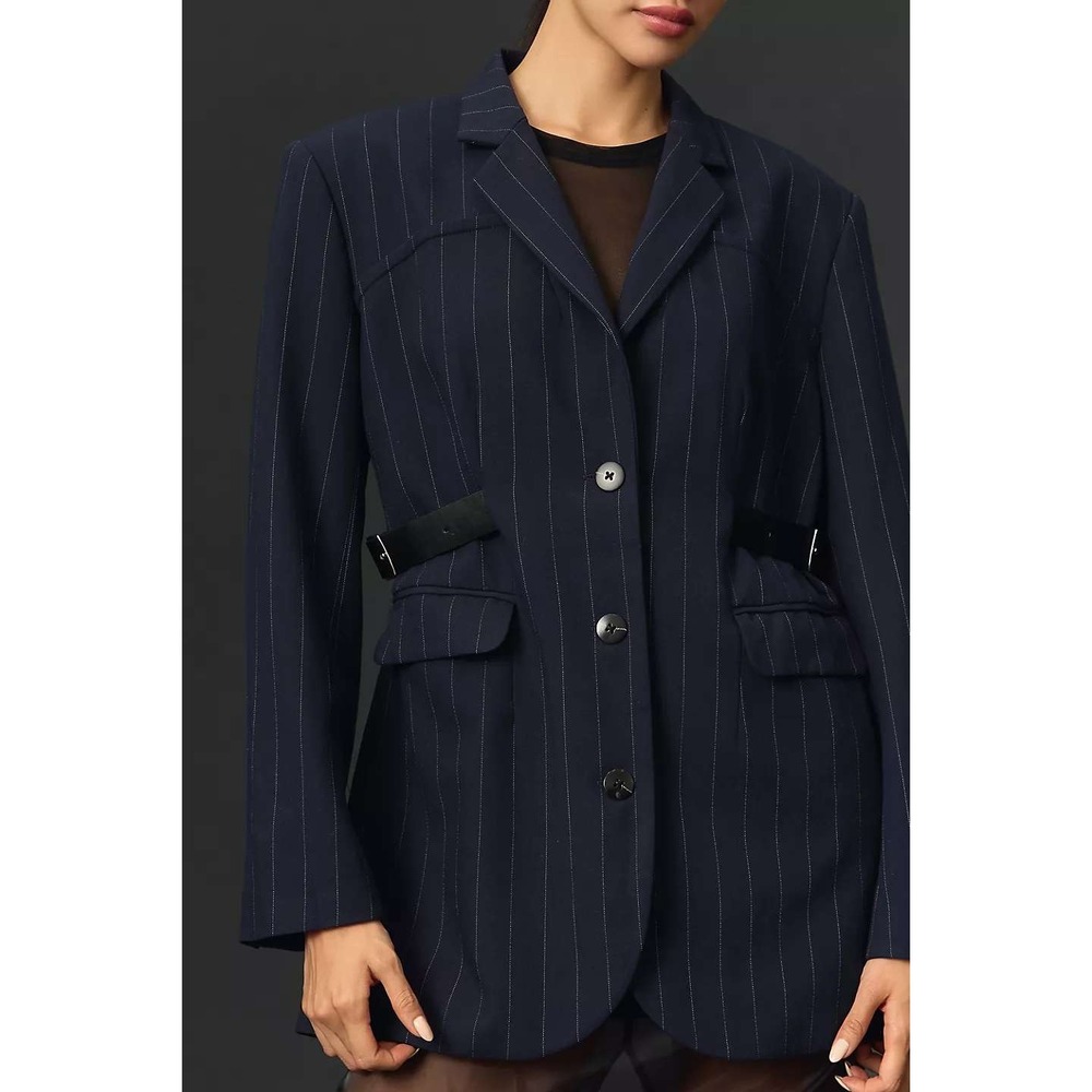 Maeve by Anthropologie Avery Belted Blazer Navy Pinstripe Women's Large‎ NEW